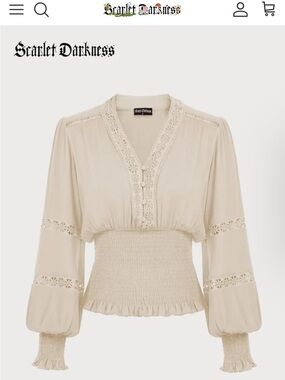 SCARLET DARKNESS Beige Lace-Trim V-Neck Peasant Top